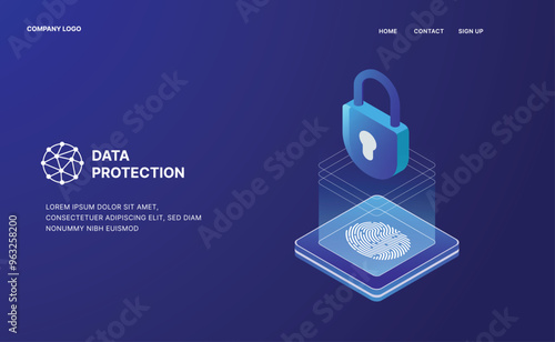 Data Security Protection isometric vector deseign. shield for personal data. fingerprints illustration. protection concept with icon of a lock and fingerprints.
