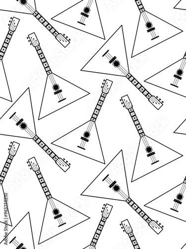 Folk musical instruments, stringed musical instrument, balalaika, all objects are hand drawn in vector. Seamless vector pattern. Suitable for printing on fabric, paper, for poster design.