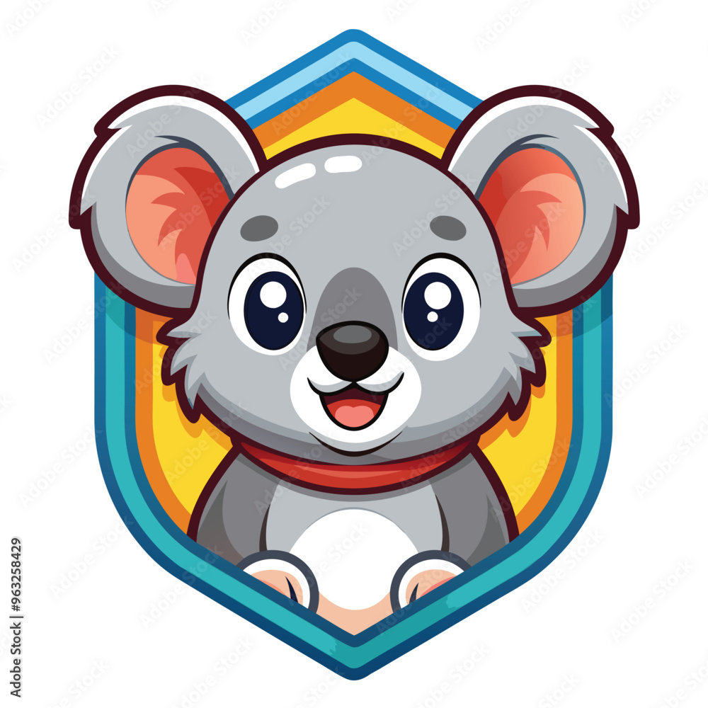 Cartoon Koala Bear with Big Eyes and a Red Scarf in a Colorful Hexagon Cartoon Koala Bear with Big Eyes and a Red Scarf in a Colorful Hexagon
