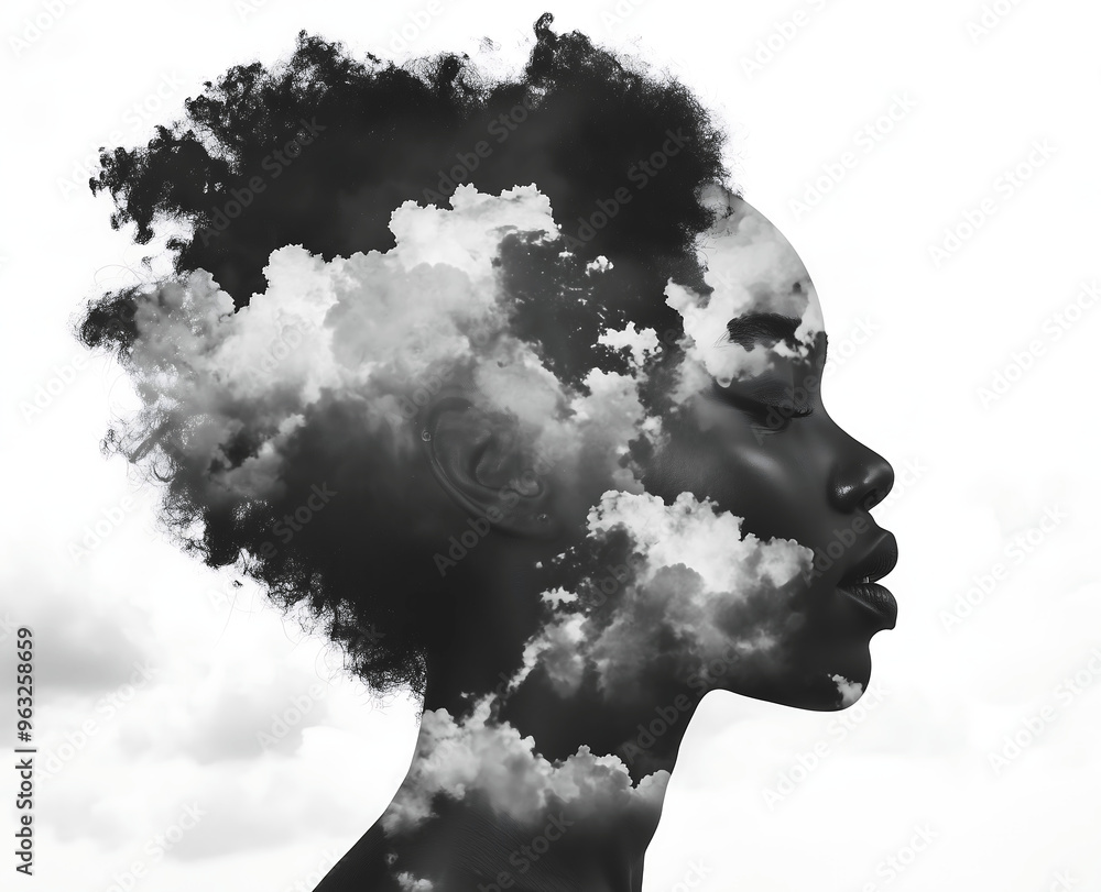 Surreal Double Exposure of a Woman’s Silhouette Blended with Dramatic Clouds Creating a Dreamlike and Artistic Scene Surreal Double Exposure of a Woman’s Silhouette Blended with Dramatic Clouds Creating a Dreamlike and Artistic Scene