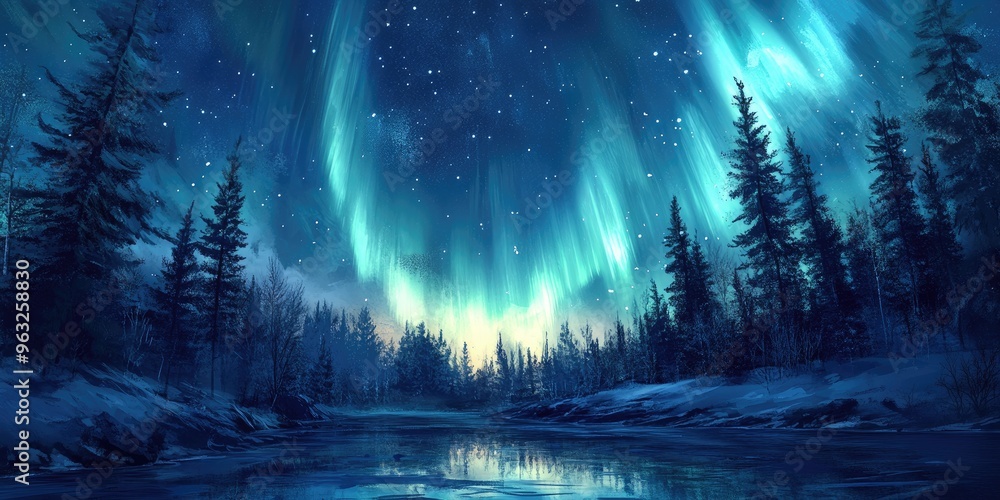 Fototapeta premium Aurora Borealis illuminating the night sky in a dazzling display.