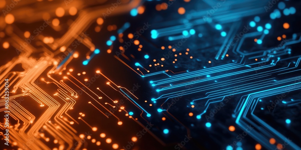 Fototapeta premium Technology background featuring orange and blue circuit board patterns symbolizing modern innovation.