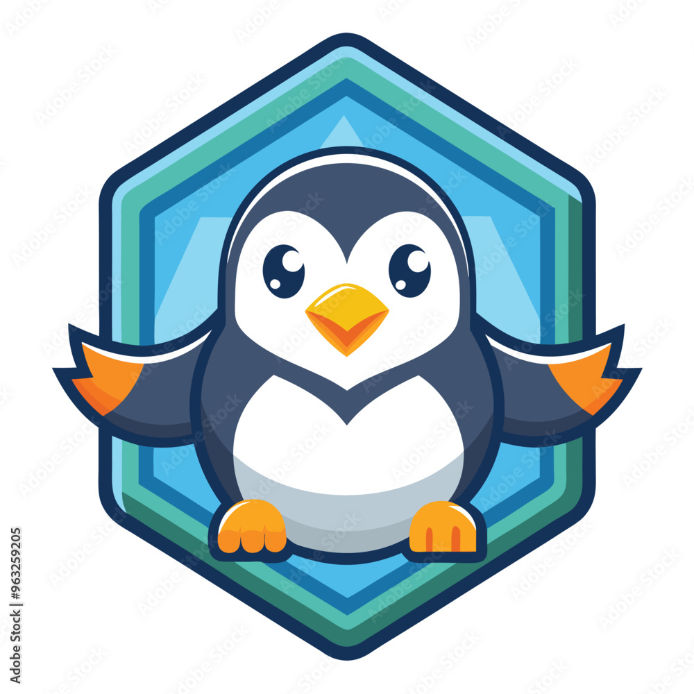 Obraz premium Cartoon Penguin with Big Eyes in Hexagon Frame