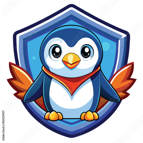 Cute Cartoon Penguin with Wings in a Blue Shield