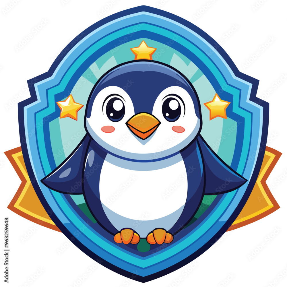 Obraz premium Cartoon Penguin with Stars in a Blue Shield