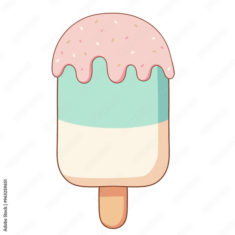 This is a cartoon-style popsicle featuring three pastel colors. The top is coated with pink sauce and sprinkled with sugar bits. The design is simple and cute. This is a cartoon-style popsicle featuring three pastel colors. The top is coated with pink sauce and sprinkled with sugar bits. The design is simple and cute.