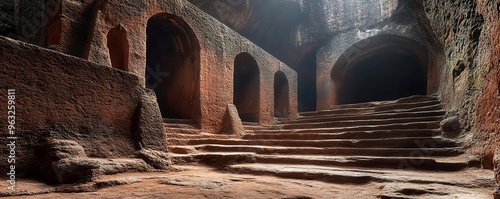 Ancient Lalibela rockhewn churches, Ethiopia  in a dramatic, wideangle shot with soft light highlighting the intricate stone carvings and deep historical significance of the site photo