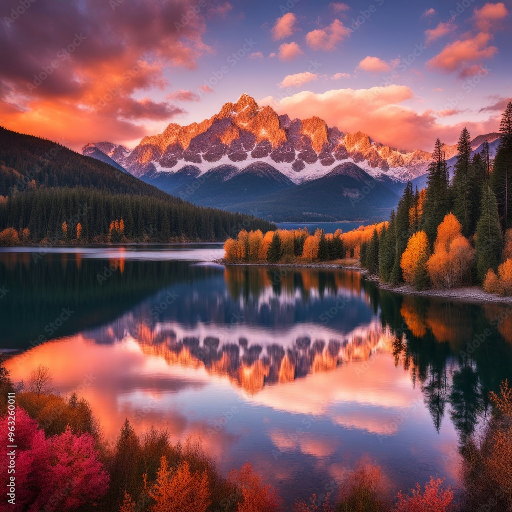 Fototapeta premium Beautiful sunset at the lake in mountains of tatras. Slovakia