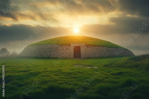 Ancient Newgrange passage tomb, neolithic Ireland  captured in a moody, atmospheric shot with soft, natural light illuminating the ancient stone structure against a misty landscape