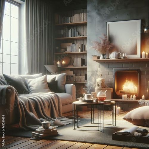 A cozy living room features a warm fireplace, soft lighting, and comfortable seating, creating an inviting atmosphere perfect for relaxation and unwinding on a quiet evening indoors.. AI Generation