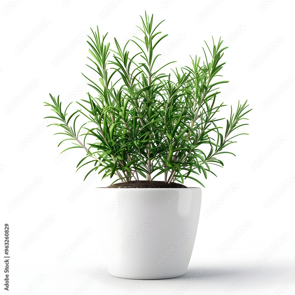 Rosemary Plant in a White Pot Against a White Background Rosemary Plant in a White Pot Against a White Background