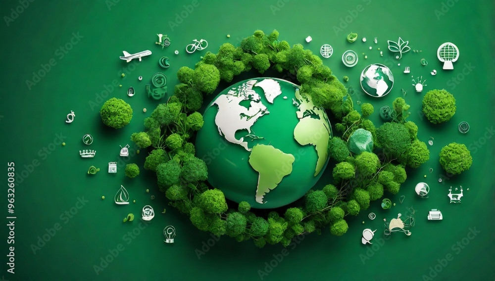 Green business growth. Sustainable investment finance, ESG funds or sustainability funds. Icons around the green earth and background with space for text.
Green business growth. Sustainable investment finance, ESG funds or sustainability funds. Icons around the green earth and background with space for text.