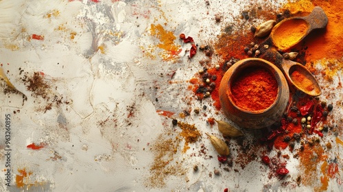 Spices and Herbs on a Textured White Background photo