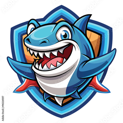 Cartoon Shark Mascot Inside Blue and Brown Shield