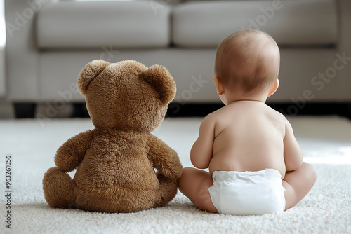 Cute Baby Sitting with Teddy Bear on Carpet in a Cozy Living Room Creating an Adorable Childhood Moment