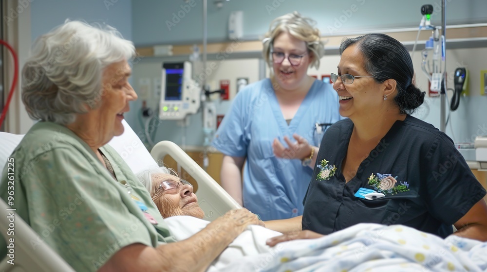 Obraz premium Elderly patients being assisted by dedicated nurses from clinics and nursing homes. Nurses showing care and support to the elderly, helping them with daily activities. Professional nurses in the healt