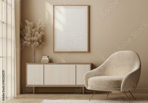 Minimalist Beige Living Room with Empty Poster Frame for Wall Art Mock-Up and Soft Neutral Armchair