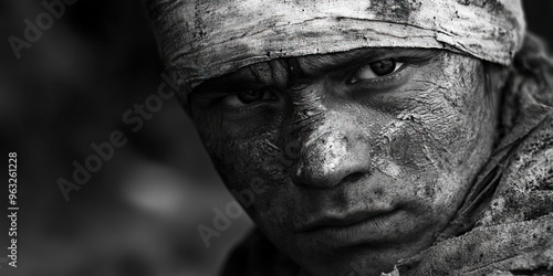 The Stifled Pain: A wounded soldier, bandaged and stoic, amidst the chaos of war. photo