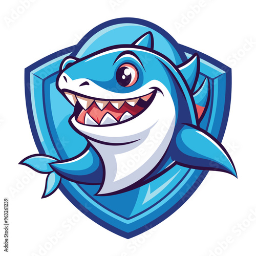 Smiling Blue Shark Mascot in a Shield Logo