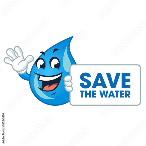 Smiling cartoon water drop mascot holding sign, save the water concept.