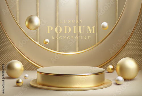 Podium luxury background. Gold 3d podium. Modern, trendy design with decorative metallic balls.