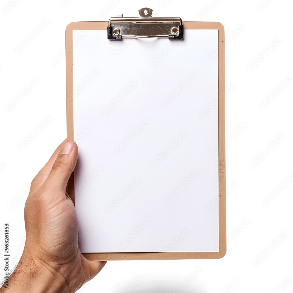 Hand Holding Clipboard with Blank White Paper on Plain Background Hand Holding Clipboard with Blank White Paper on Plain Background