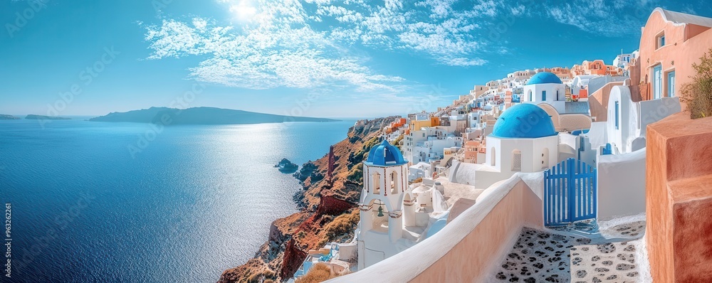 Naklejka premium Traditional Santorini whitewashed houses on clifftop