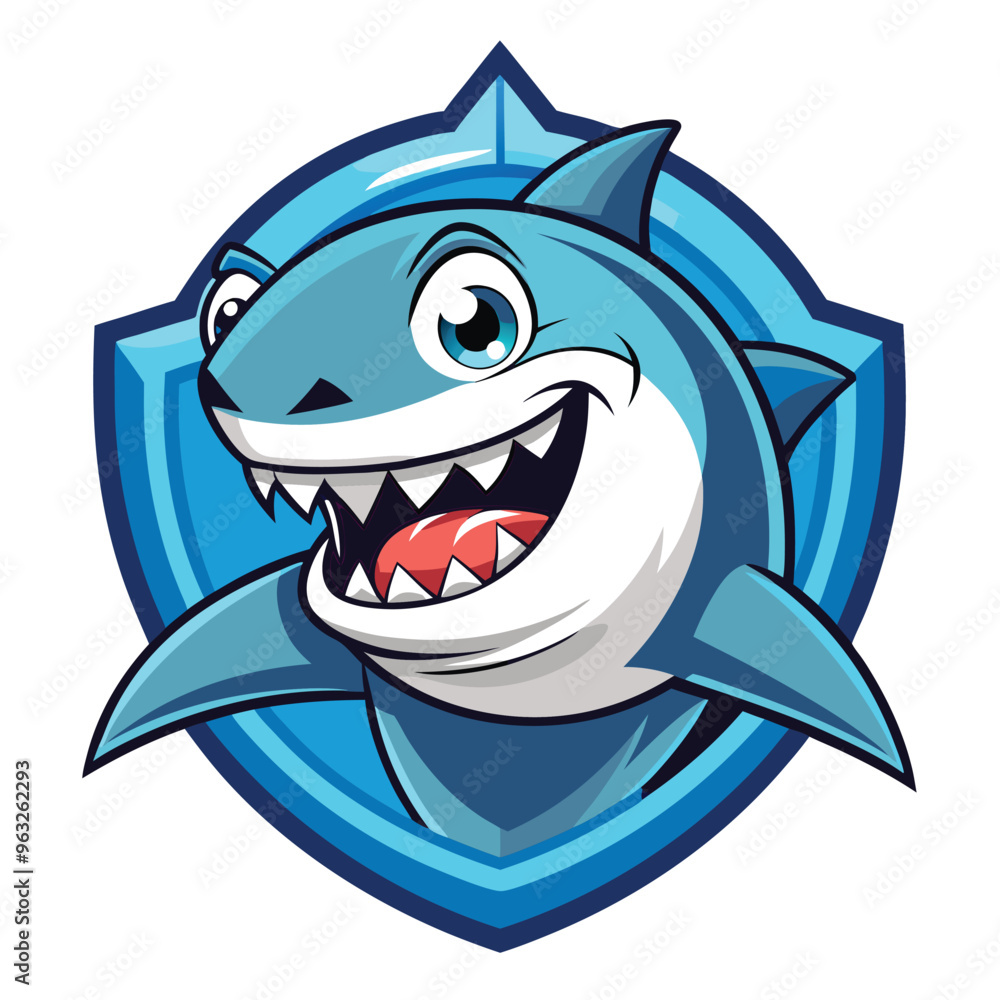 Cartoon Shark with Big Grin and Sharp Teeth in a Blue Shield Cartoon Shark with Big Grin and Sharp Teeth in a Blue Shield