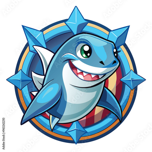 Cartoon Blue Shark Mascot with Diamond-Shaped Frame