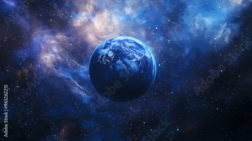 Blue planet in space, stars and a nebula background, floating in the vast expanse with vivid colors and impressionistic brushstrokes. Impressionistic. Illustration photo