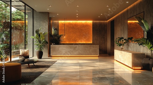 Wallpaper Mural A modern, minimalist reception area with warm tones and stylish, contemporary furnishings. Torontodigital.ca