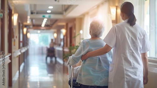 Elderly patients being assisted by dedicated nurses from clinics and nursing homes. Nurses showing care and support to the elderly, helping them with daily activities. Professional nurses in the healt photo