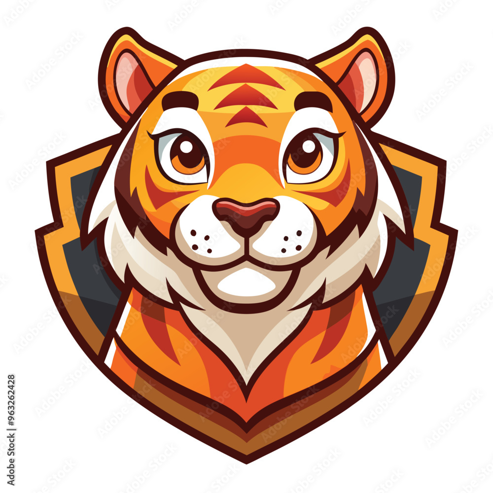 Cartoon Tiger Head with Friendly Expression in a Shield-Shaped Frame Cartoon Tiger Head with Friendly Expression in a Shield-Shaped Frame