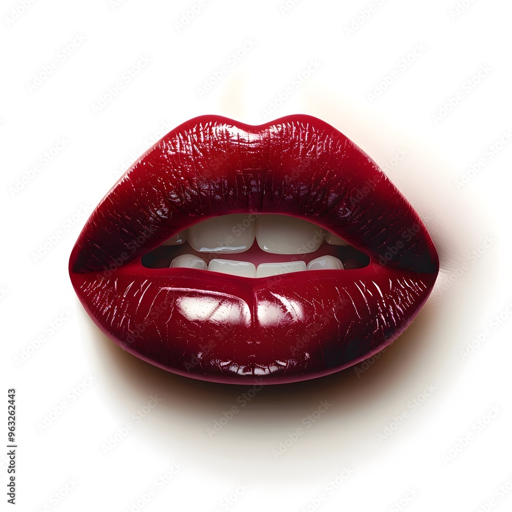 Hyper Red Glossy Lips of Alluring Woman Close up on White Background Hyper Red Glossy Lips of Alluring Woman Close up on White Background