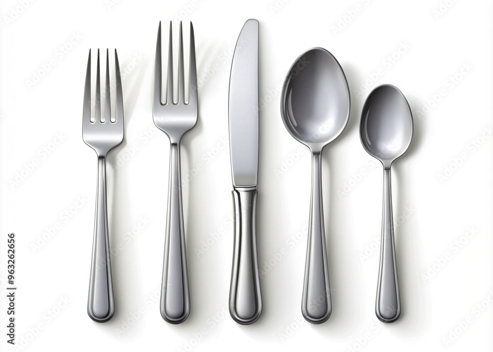 Modern silver cutlery set icon isolated on a white background with subtle texture and soft focus conveying sleek Modern silver cutlery set icon isolated on a white background with subtle texture and soft focus conveying sleek