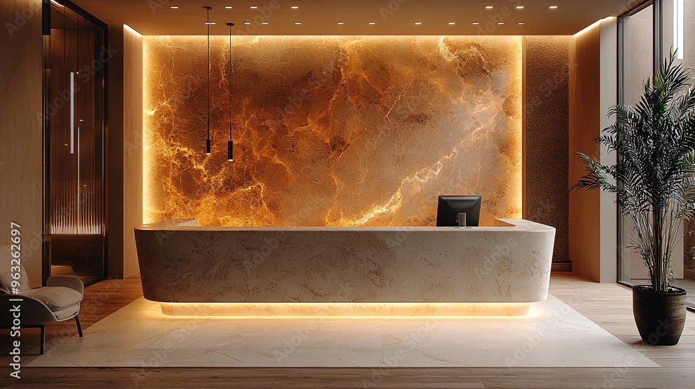 A sleek, minimalist enquiry desk in a warm, earthy-toned office space. A sleek, minimalist enquiry desk in a warm, earthy-toned office space.