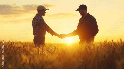 two men shaking hands at sunset in fields]