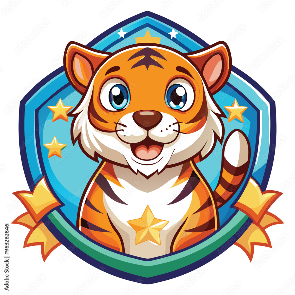Cute Cartoon Tiger in a Blue Shield with Stars and Ribbons Cute Cartoon Tiger in a Blue Shield with Stars and Ribbons