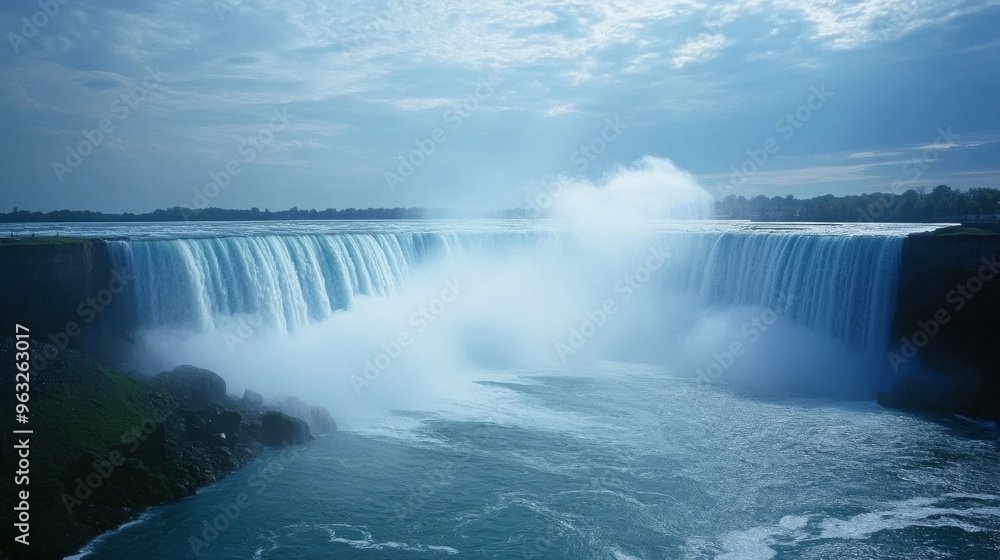 Majestic Niagara Falls: USA and Canada Border - A Powerful Natural Wonder with Dramatic Water Flow and Rising Mist