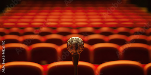 Screaming Silence: A row of empty auditorium seats, each with a lone microphone at center stage. photo