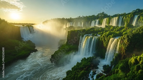 Majestic Iguazu Falls: Powerful Waterfalls in the Lush Rainforest of the Argentina-Brazil Border with Dramatic Landscapes and Misty Spray