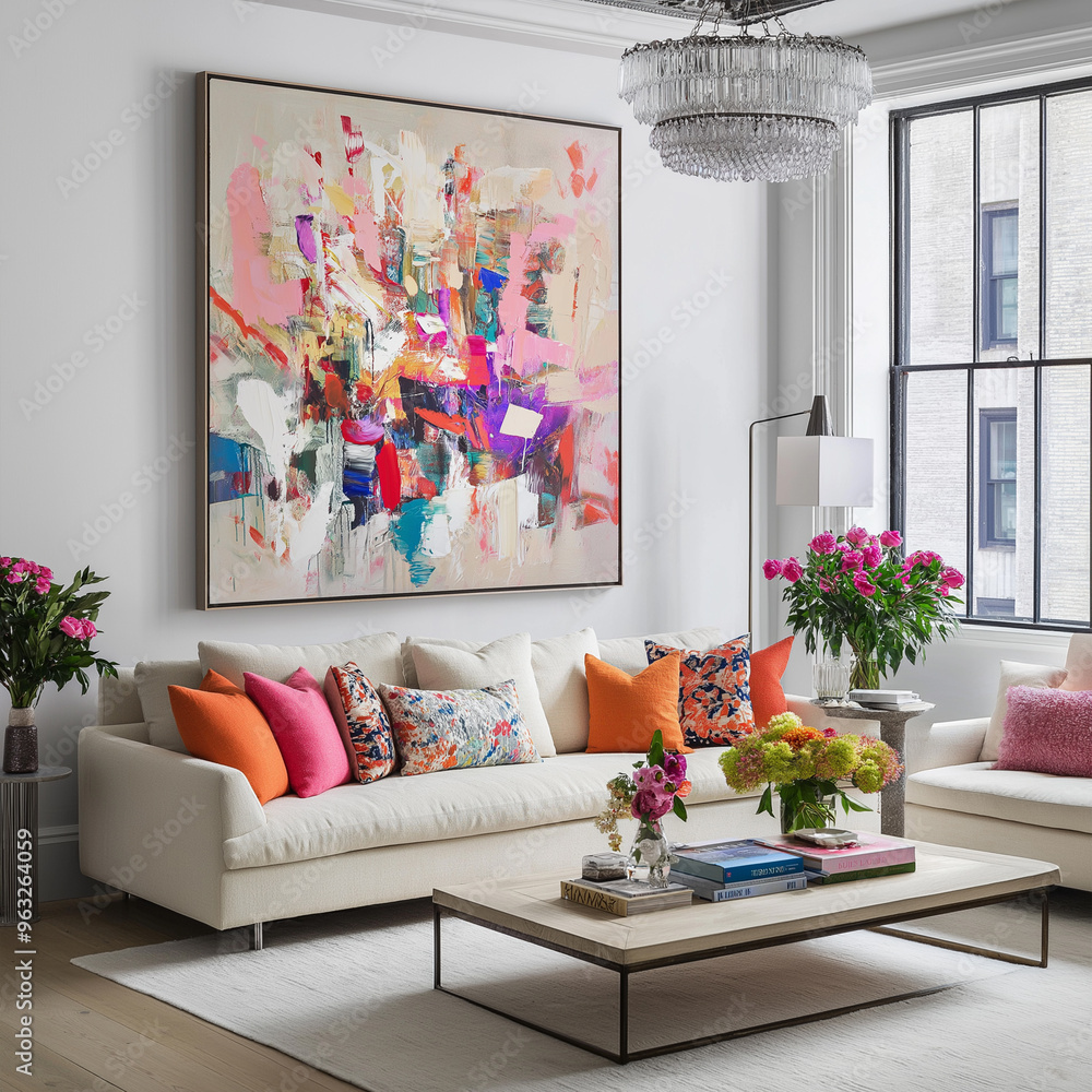 Modern living room with flowers, minimalist design, soft sofa, round table, and natural light