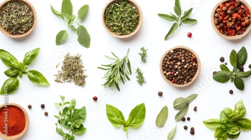 Dried and Fresh Herbs and Spices on White Background photo