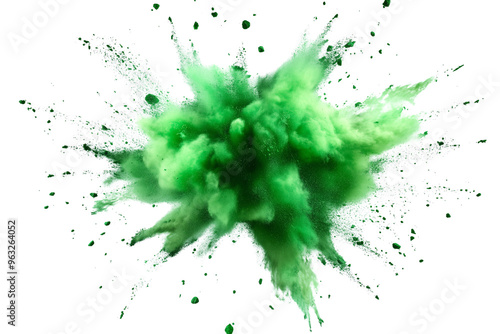 Vibrant explosion of hues of green powder against an isolated, transparent background, creating a dynamic and colorful burst photo