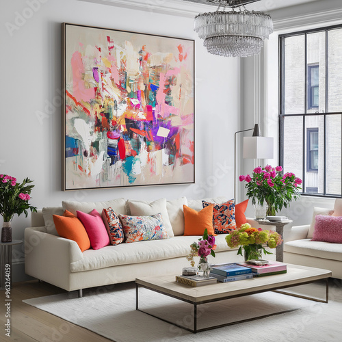 Modern living room with flowers, minimalist design, soft sofa, round table, and natural light