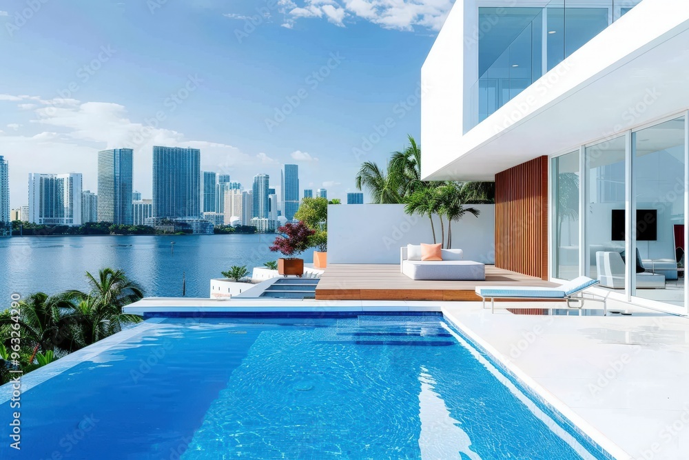 Sparkling Pool Retreat in a Modern Sophisticated Home - Generative Ai. Beautiful simple AI generated image Sparkling Pool Retreat in a Modern Sophisticated Home - Generative Ai. Beautiful simple AI generated image