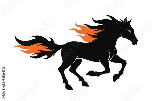 Flaming black silhouette Stallion Horse running