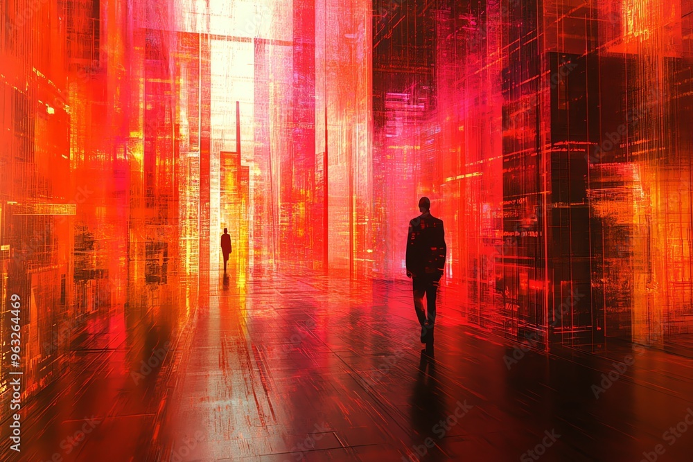 Obraz premium Silhouettes of two people walking in a neon red futuristic cityscape.