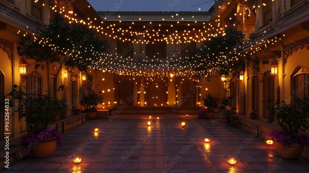 Obraz premium Illuminated Courtyard with String Lights and Lanterns