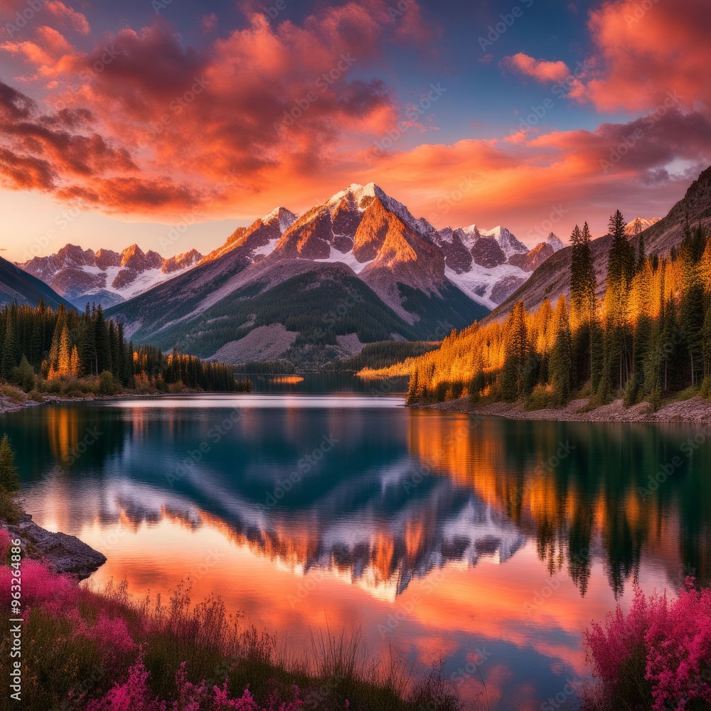 Colorful lake and flowers in mountains, canada Colorful lake and flowers in mountains, canada
